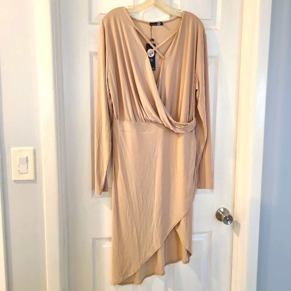 Biege dress up long sleeve womans dress cream neutral sexy dress drape front